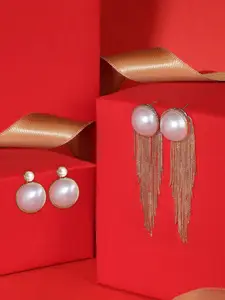 AMI Set of 2 Gold-Plated Pearls Contemporary Drop Earrings