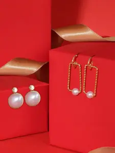 AMI Set of 2 Gold-Plated Pearls Contemporary Drop Earrings