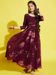 Cherry & Jerry Girls Floral Printed Flared Round Neck Georgette Maxi Dress