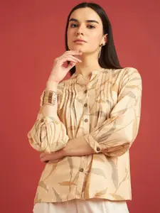 all about you Floral Print Mandarin Collar Puff Sleeves Cotton Regular Top