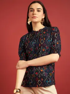 all about you Geometric Print Tie-Up Neck Puff Sleeves Regular Top