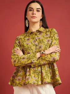 all about you Floral Print Shirt Collar Cuffed Sleeves Empire Top