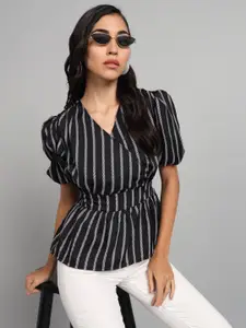 The Dry State Striped V-Neck Puff Sleeve Crepe Cinched Waist Top