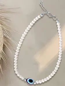 MEENAZ Silver Plated Artificial Beads Stainless Steel Anklet