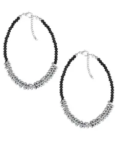 MEENAZ Set of 2 Silver Plated Artificial Beads Stainless Steel Anklet