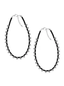 MEENAZ Set of 2 Silver Plated Artificial Beads Stainless Steel Anklet