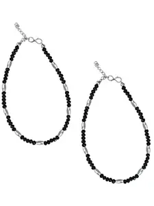 MEENAZ Set of 2 Silver Plated Artificial Beads Stainless Steel Anklet