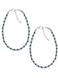 MEENAZ Set of 2 Silver Plated Artificial Beads Stainless Steel Anklet