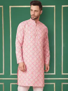 Jompers Floral Printed Mandarin Collar Thread Work Cotton Kurta