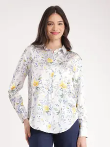 FableStreet Floral Printed Spread Collar Long Sleeves Satin Casual Shirt