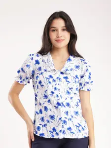 FableStreet Shirt Collar Floral Print Puff Sleeves Regular Top