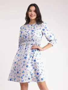 FableStreet Floral Printed Round Neck Formal Fit & Flare Dress