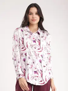 FableStreet Floral Printed Spread Collar Long Sleeves Satin Casual Shirt