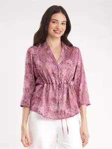 FableStreet Floral Printed Satin Cinched Waist Top
