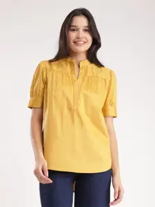 FableStreet Mandarin Collar Puff Sleeve Cotton Shirt Style Top