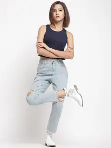 Belliskey Women Boyfriend Fit Mid-Rise Light Shade Slash Knee Cropped Cotton Jeans