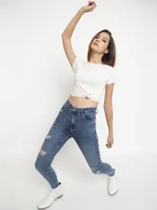 Belliskey Women Skinny Fit High-Rise Light Fade Mildly Distressed Cropped Cotton Jeans