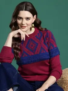 Sangria Geometric Self Design Sweater With Fringed Detail