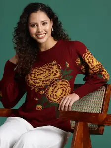Sangria Woven Design Floral Acrylic Pullover