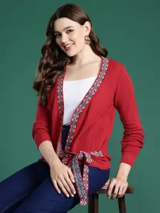 Sangria Acrylic Knitted Ribbed Front-Open Sweater