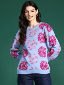 Sangria Floral Printed Acrylic Pullover Sweater