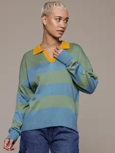 The Roadster Lifestyle Co. Contrast Collar Striped Pullover