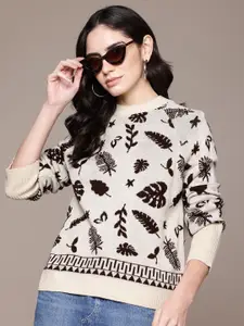 The Roadster Lifestyle Co. Women Leaf Print Acrylic Pullover