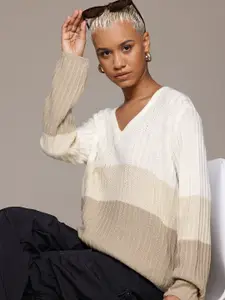 The Roadster Lifestyle Co. Self-Striped Colourblocked Pullover