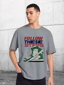 CHKOKKO Round Neck Printed Extended Sleeves Cotton Oversized T-shirt