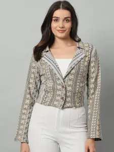 BROOWL Printed Tailored-Fit Crop Casual Blazer