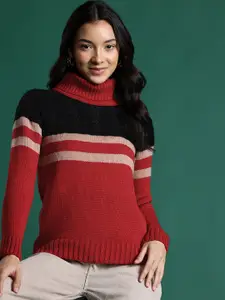 DressBerry Striped Turtle Neck Cable Knit Pullover