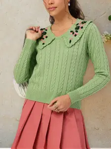 DressBerry Pure Acrylic Embroidered Detail Cable Knit Pullover