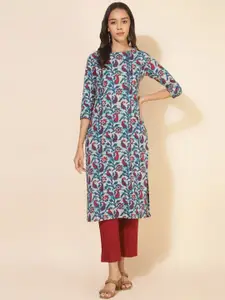 Janasya Floral Printed Round Neck Straight Kurta