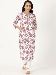Saffron Threads Women Floral Printed Cotton Linen Thread Work Straight Kurta