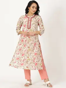 Saffron Threads Floral Printed Mirror Work A-Line Kurta