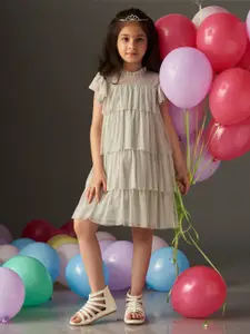 KidsDew Girls Embellished Flutter Sleeves Net A-Line Dress