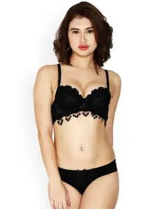 BRACHY Self Design Lace Heavily Padded Bra With Mid-Rise Brief