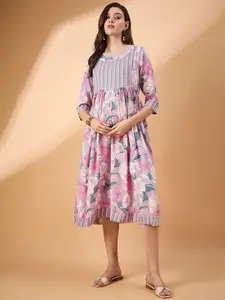 BAESD Floral Printed Maternity Flared Empire Round Neck Cotton Midi Dress