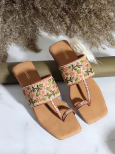 Anouk Tan Brown Printed Open Toe Flats