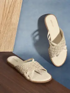 Anouk Cream-Coloured Textured Open Toe Flats