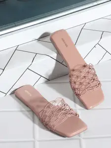 Anouk Peach Textured Open Toe Flats