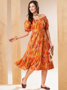 Globus Off-Shoulder Puff Sleeves Abstract Printed Gathered Fit & Flare Fusion Midi Dress