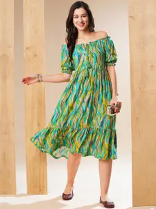 Globus Off-Shoulder Puff Sleeves Abstract Printed Gathered Fit & Flare Fusion Midi Dress