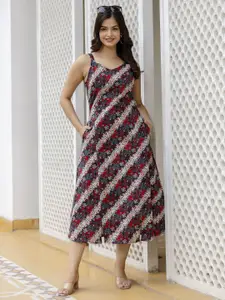 Nayo Black Floral Printed Cotton Maxi A-Line Dress