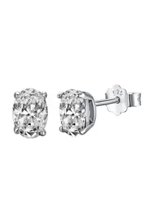BRIA JEWELS Rhodium-Plated Cubic Zirconia-Studded 925 Sterling Silver Oval Studs Earrings