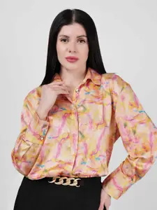 DRIRO Women Premium Abstract Printed Spread Collar Cuffed Sleeves Satin Casual Shirt