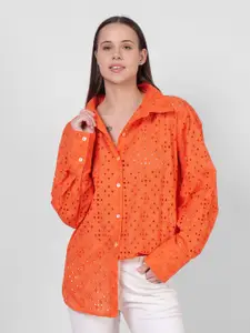 DRIRO Premium Self Design Spread Collar Puff Sleeves Schiffli Pockets Cotton Casual Shirt