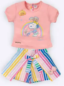 Babys Day Girls Printed Pure Cotton Round Neck Short Sleeves Top With Short