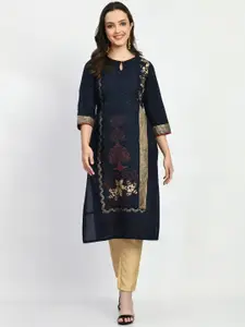 KALINI Floral Printed Keyhole Neck Cotton Straight Kurta
