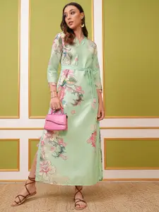 Vishudh Green Floral Printed V-Neck Tie Up Maxi Dress